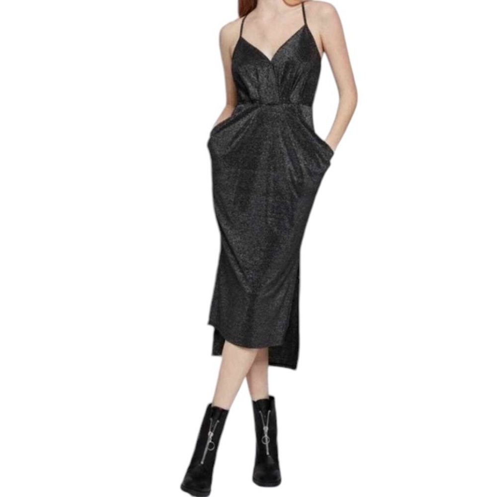 BCBGeneration Black/Silver Metallic Drape Pocket Midi Dress XS